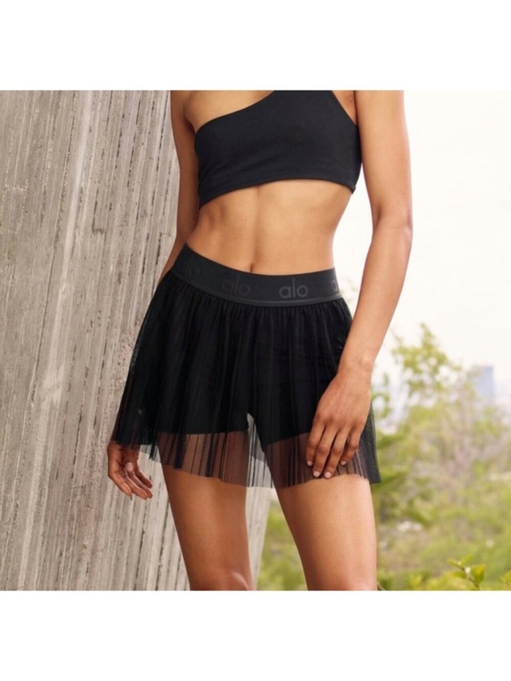 Alo Mesh Flirty Tennis Skirt Black Sheer Transparent See-Through A-Line Skort M